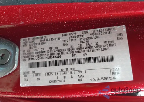 2022 Ford Escape Sel z USA, uszkodzony, nr VIN 1FMCU0H63NUB43398